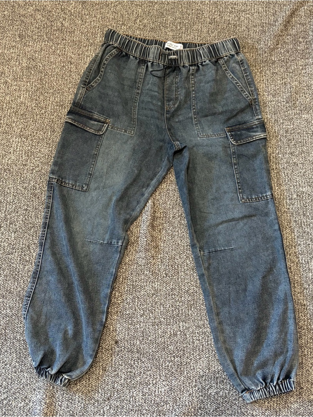 Washed Denim Cargo Joggers - Elastic Waist & Cuff